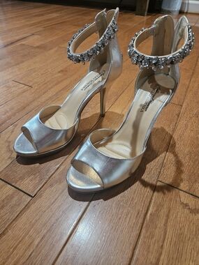 Badgeley Mischika Silver Embellished Ankle-Strap High Heels